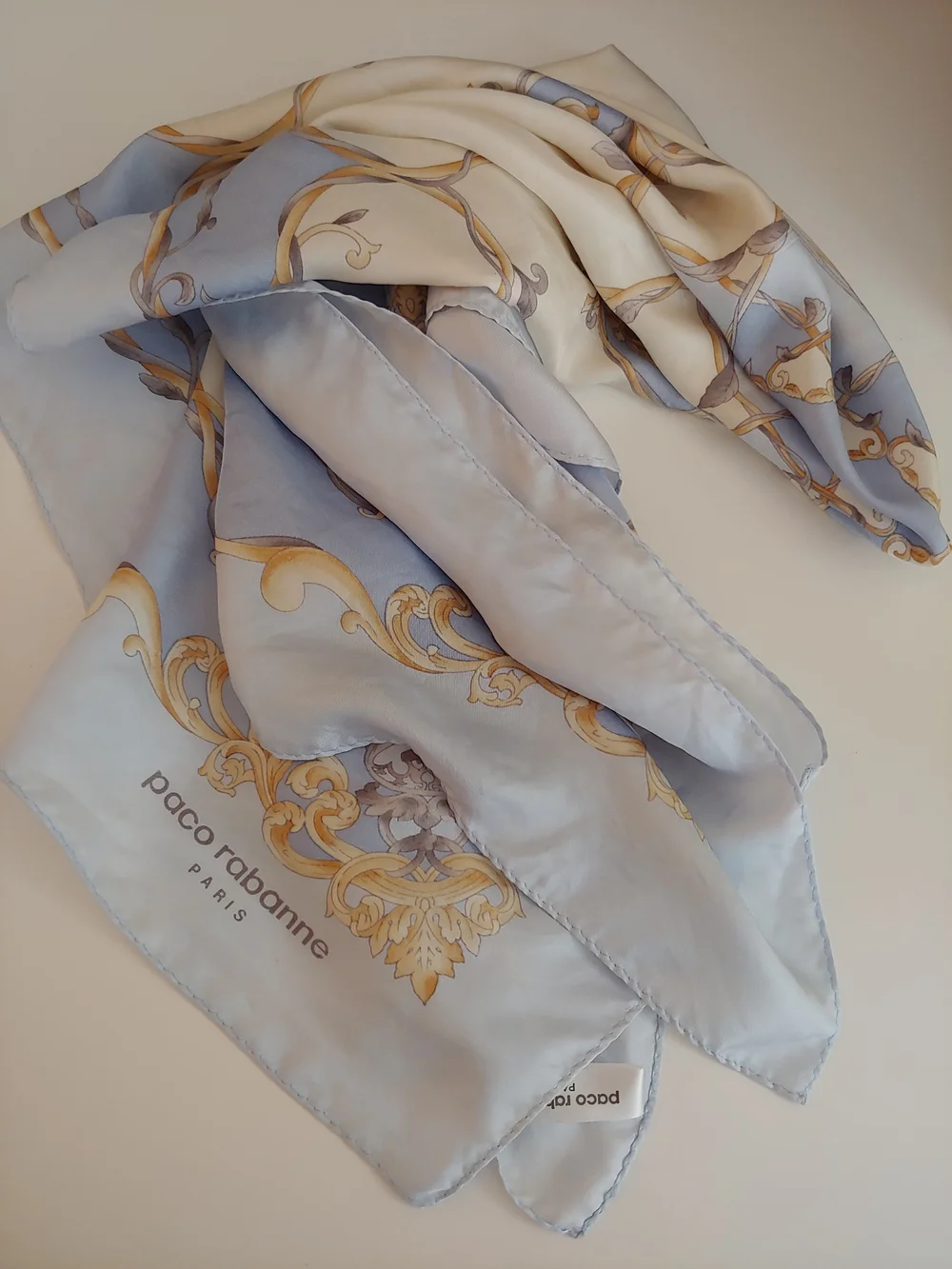 Elegant Light Blue Scarf Silk Scarf with Gold Baroque Accent